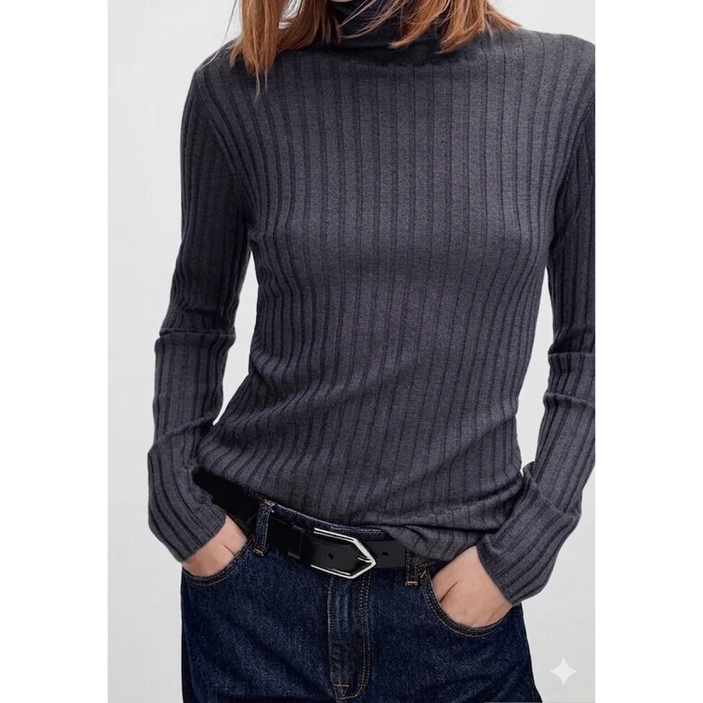 Massimo Dutti Turtleneck Ribbed Sweater Wool Cashmere Blend Gray Large